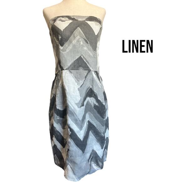 Banana Republic Italian LINEN Grey Gray Chevron Strapless Dress Boning 10 - Picture 2 of 13
